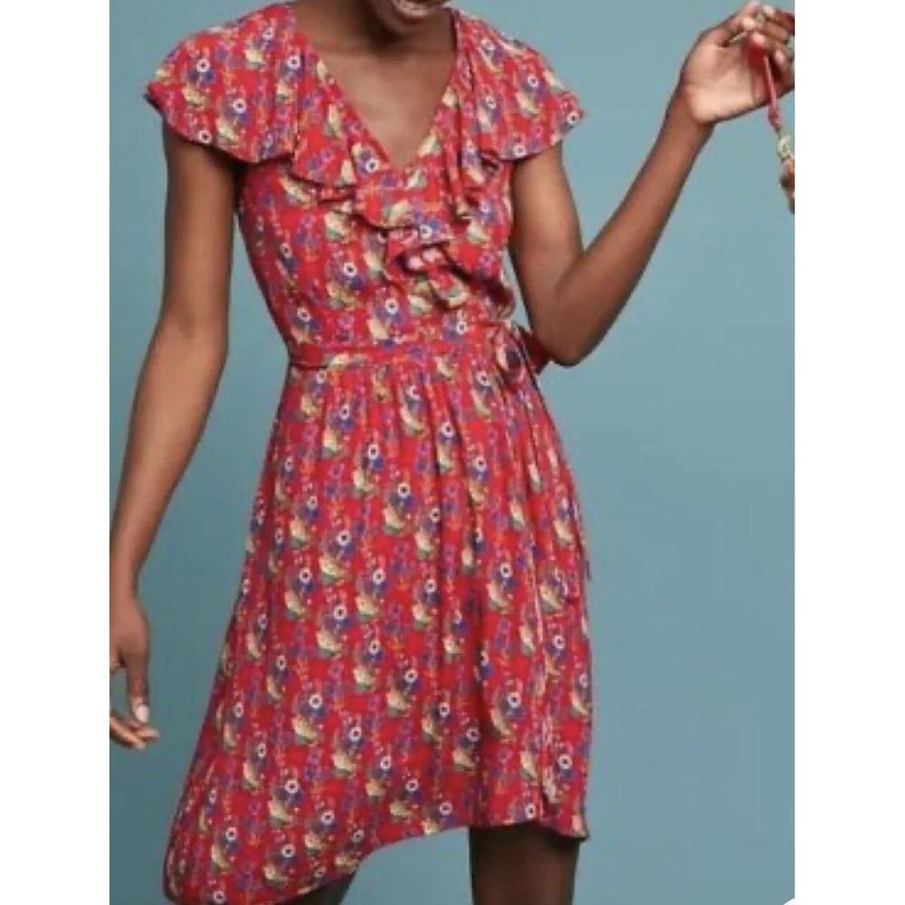 Anthropologie Maeve Red Rosalia Faux Wrap Dress Size 10 SI27